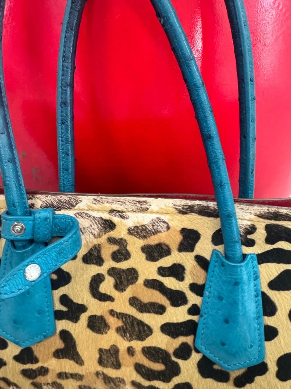 Prada Leopard Haircalf Tote Bag + Wallet Set Teal Red Rare Colorblock Authentic - Picture 9 of 14